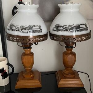 70’s Currier & Ives Vintage Wooden Table Lamp with Milk Glass White Shade Shades